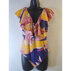 TRINA TURK Ruffled Floral One Piece Swimsuit Sz 12 Sun Faded Beach Boho Vacation